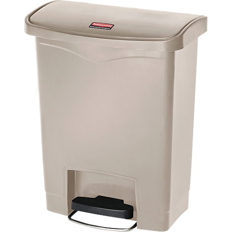 Beigefarbener Mülleimer mit Deckel und Fußpedal. Oben ist ein rotes Rechteck mit "Rubbermaid".