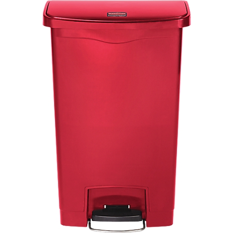 Roter Mülleimer mit Deckel und Fußpedal. Auf dem Deckel steht 'Rubbermaid'.