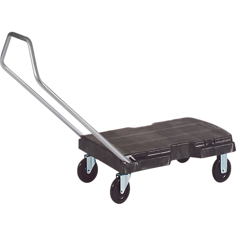 Chariot à plateforme noir avec barre argentée. Quatre roues, détaillé.