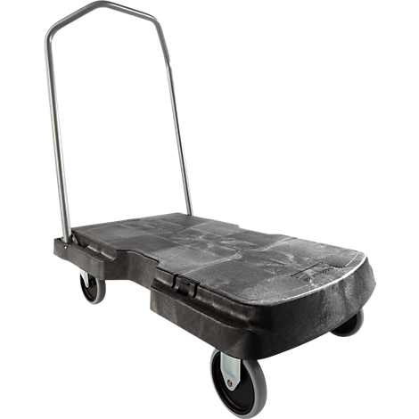 Chariot noir avec poignée argentée et quatre roues grises. La zone de chargement est rectangulaire.