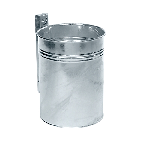 Cylindrical metal waste bin with holder, isolated.