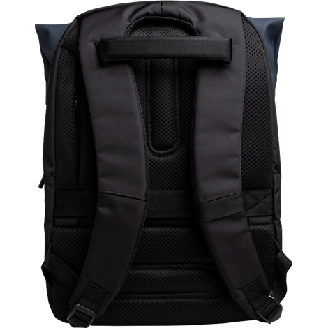 Schwarzer Rucksack von hinten. Gepolsterter Rücken mit zwei Schultergurten und Tragegriff.