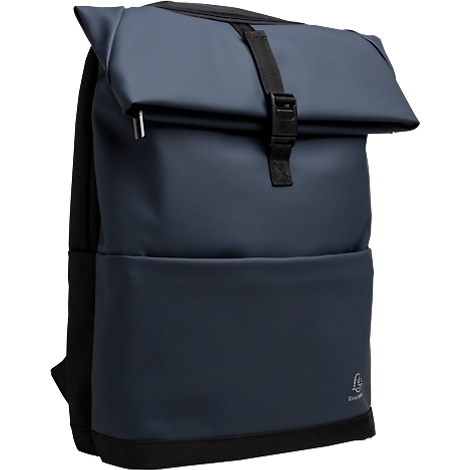 Blauer Rucksack mit schwarzem Verschluss und Gurten.