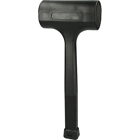 Schwarzer Gummihammer. Der Hammerkopf ist rechteckig. Der Griff ist lang und zylindrisch, mit einem geriffelten Griff.