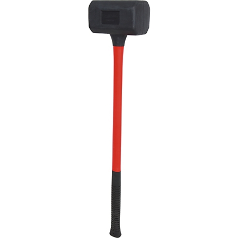 Ein Vorschlaghammer mit schwarzem Hammerkopf und rotem Stiel. Der Griff ist mit schwarzem Gummi umwickelt.