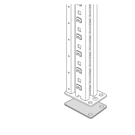 Technisches Diagramm einer vertikalen Profilschiene mit Bodenplatte und Montagevorrichtungen.