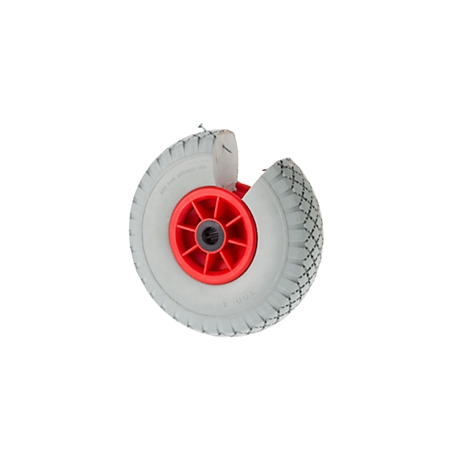 Rueda de silla de ruedas con buje rojo, neumático gris, detalles de la textura de la superficie.