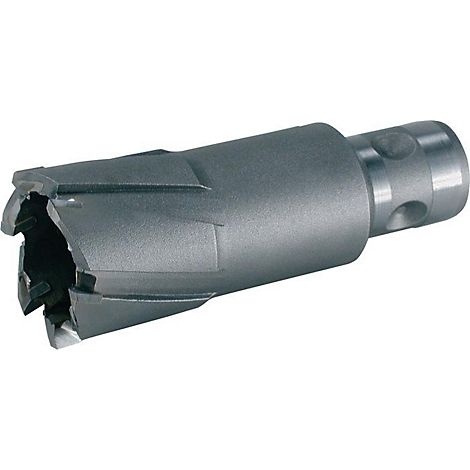 Scie cloche en métal pour perçage. Forme cylindrique avec des dents tranchantes à l'avant, grise.