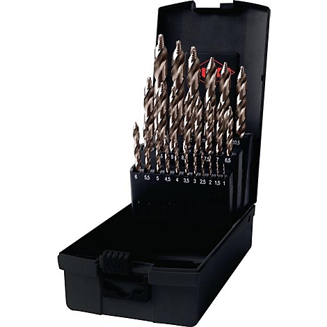 Boîte à outils avec des mèches hélicoïdales de différentes tailles. Boîte noire avec indications de taille.