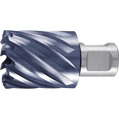 Metalen boor met spiraalvormige snijkanten, grijze kleur. Zeskantige schacht voor bevestiging.