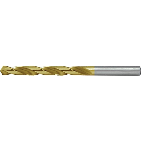 Close-up van een metalen boor met een gouden spiraal en een zilveren schacht.