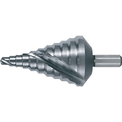 Een metalen verzinker in trappen gerangschikt. Afmetingen zijn zichtbaar op het oppervlak.