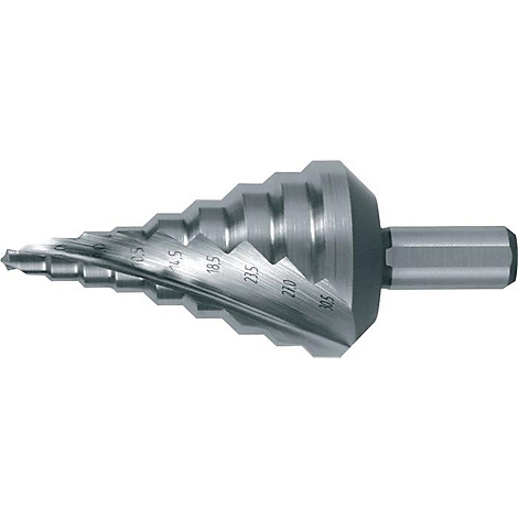 Stufenbohrer aus Metall mit eingravierten Maßangaben.