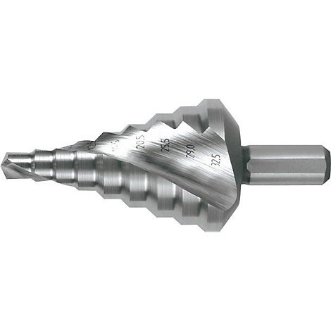 Kegelbohrer aus Metall mit Größenangaben. Die Spitze ist links, der sechseckige Schaft rechts.