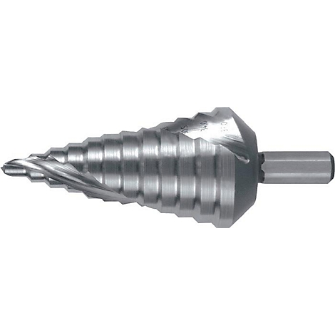 Metall-Stufenbohrer mit spiralförmiger Spitze und sechseckigem Schaft.