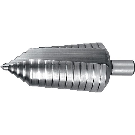 Metall-Stufenbohrer mit scharfer Spitze und Stufen. Graue Farbe, detailreich.