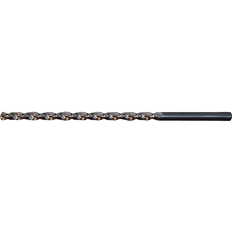 Nahaufnahme eines Bohrers. Das Ende hat eine sich verjüngende, spiralförmige Klinge, der Schaft ist schwarz und glatt.