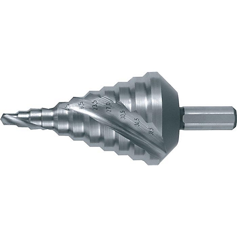 Een metalen trapboor met maatmarkeringen. De schacht is zeshoekig.