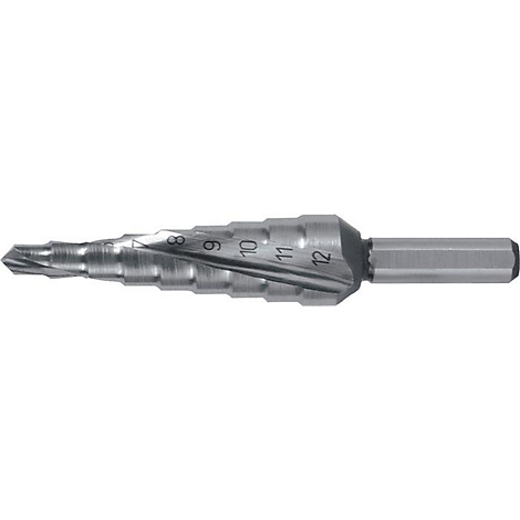 Metalen trapboor, nummers 8 tot 12. De boor heeft een spiraalvormige punt en een zeskantschacht.