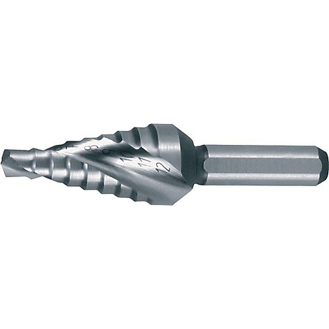 Een metalen trapboor met verschillende diameterstappen. De boor heeft een zeskantige schacht.