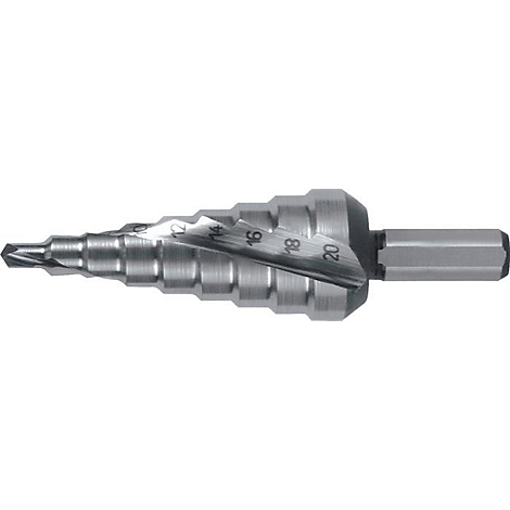 Een zilveren trapboor met genummerde meetpunten voor boorbitdiameters.