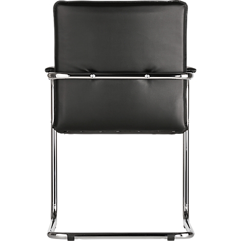 Black chair with metal frame, front view. Seat and backrest upholstered.