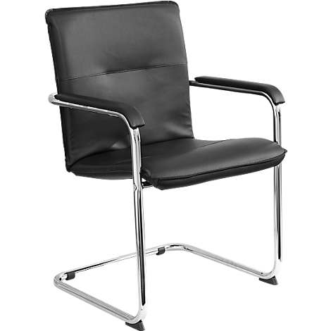 Black chair with armrests, chrome frame and padded seat.