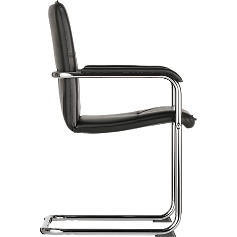 Side view of a black cantilever chair. Chrome frame, padded seat, backrest and armrests.