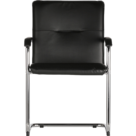 Black conference chair with armrests against a white background. Metal legs and black leather seat.