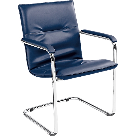 Blue leather cantilever office chair with chrome frame and armrests.