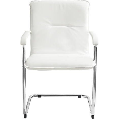 White office chair, leather, with armrests and chrome frame.