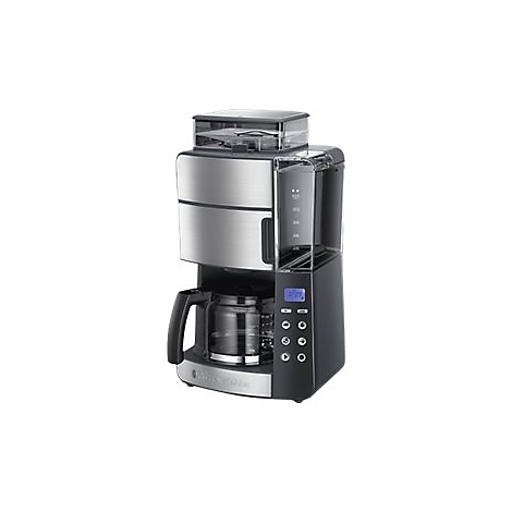 Moderne Kaffeemaschine mit Mahlwerk, Edelstahlgehäuse und Glaskanne auf weißem Hintergrund.