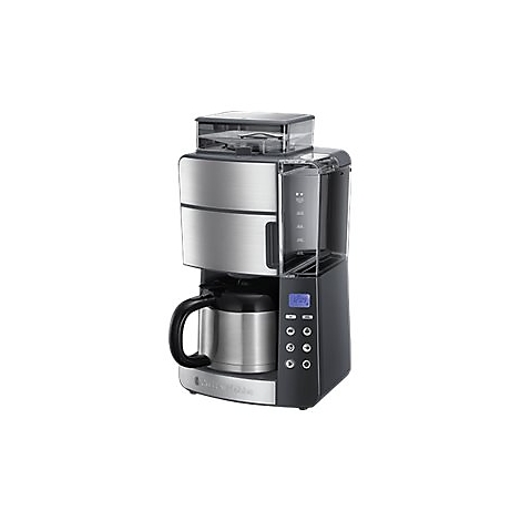 Moderne Kaffeemaschine mit Edelstahlgehäuse, Glaskanne und blauem Display vor weißem Hintergrund.