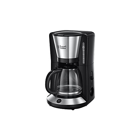 Schwarze Russell Hobbs Kaffeemaschine mit Glaskanne vor weißem Hintergrund.