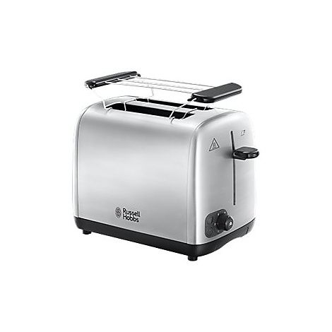Russell Hobbs Toaster aus Edelstahl mit Brötchenaufsatz auf weißem Hintergrund.