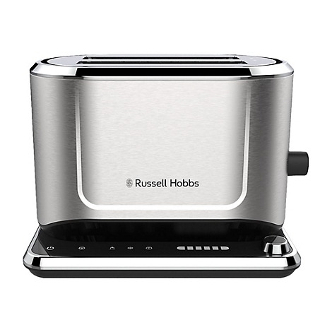 Moderner Russell Hobbs Toaster aus Edelstahl mit Touch-Bedienfeld auf schwarzer Basis vor weißem Hintergrund.