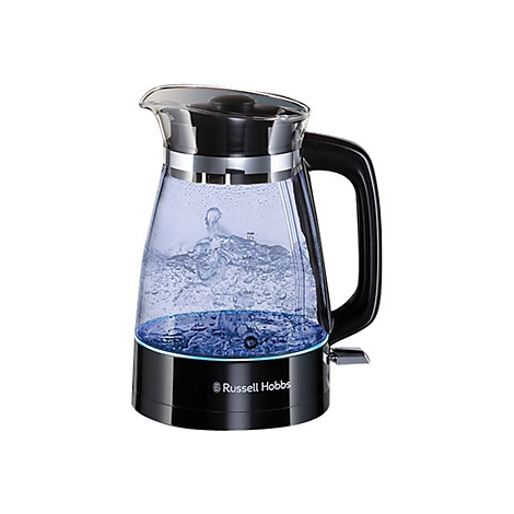 Russell Hobbs Wasserkocher aus Glas mit schwarzem Sockel und Griff, leuchtet beim Erhitzen blau.