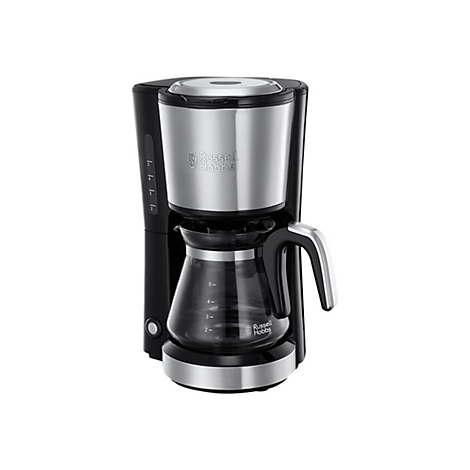 Schwarze Russell Hobbs Kaffeemaschine mit silbernen Metallelementen und Glaskanne vor weißem Hintergrund.