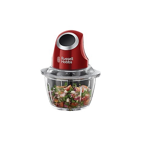 Roter Russell Hobbs Zerkleinerer mit transparentem Glasbehälter und gehacktem Gemüse vor weißem Hintergrund.
