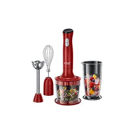 Roter Russell Hobbs Stabmixer mit Zubehör, Schneebesen, Zerkleinerer und Mixbecher vor weißem Hintergrund.