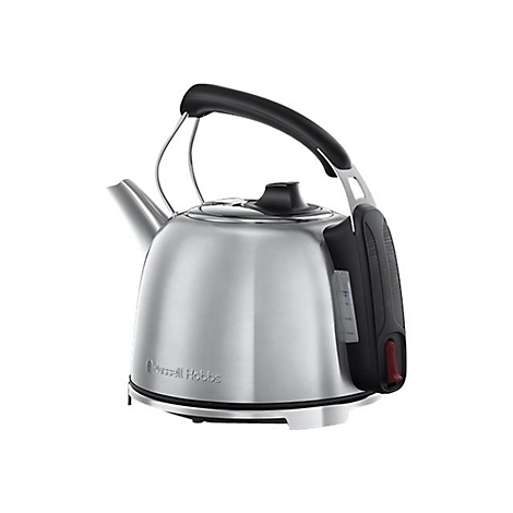 Edelstahl-Wasserkocher von Russell Hobbs mit schwarzem Griff und rotem Schalter vor weißem Hintergrund.