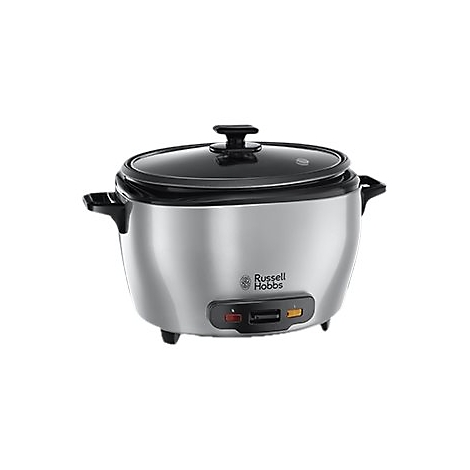 Edelstahl-Reiskocher von Russell Hobbs mit schwarzem Deckel und Bedienelementen vor weißem Hintergrund.