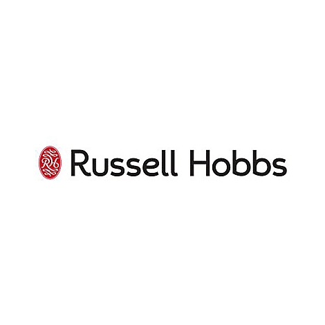 Das schwarze Logo von Russell Hobbs mit einem roten ovalen Symbol mit den Buchstaben RH links daneben.