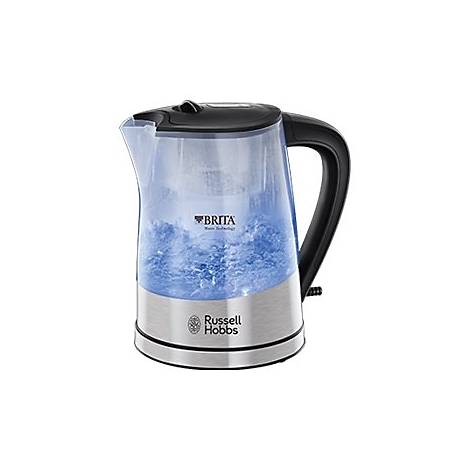 Russell Hobbs Wasserkocher mit Brita-Filter, Edelstahlgehäuse und beleuchtetem, transparentem Glasbehälter.