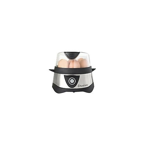 Russell Hobbs Eierkocher aus Edelstahl mit schwarzer Basis und transparenter Haube, befüllt mit mehreren Eiern.