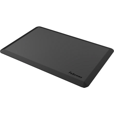 Schwarze, rechteckige, ergonomische Stehmatte mit dem Schriftzug Fellowes.