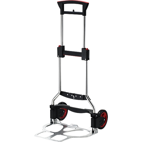 A folding transport cart, silver frame, black and red accents, two wheels. The handle is red.