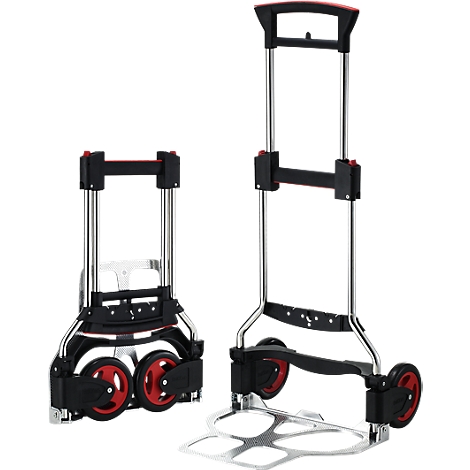 Two shopping trolleys, one folded, one unfolded. Both have red wheels and black handles. Made of metal.