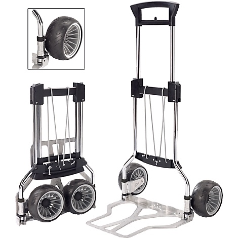Collapsible transport cart with silver frame and black wheels, shown partially collapsed.