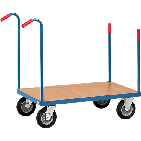 A blue transport cart with wooden platform and four wheels, two red handles.